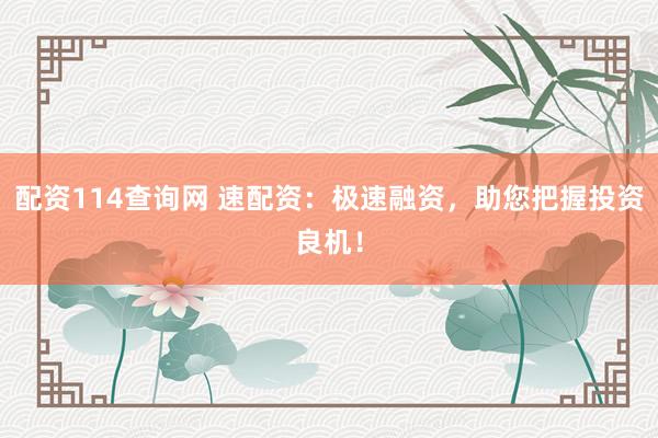 配资114查询网 速配资：极速融资，助您把握投资良机！
