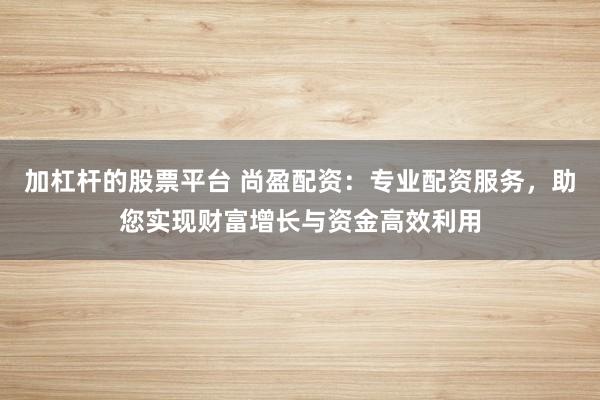 加杠杆的股票平台 尚盈配资：专业配资服务，助您实现财富增长与资金高效利用
